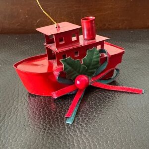 Vtg Red Metal Steamboat Christmas Ornament w/ Holly & Ribbon on Side